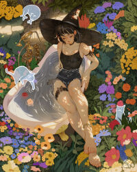 1girl anklet artist_logo bandaid bandaid_on_cheek bandaid_on_face barefoot bathtub black_camisole black_choker black_hair black_hat black_nails blue_flower camisole cat choker closed_eyes collarbone dappled_sunlight dated earrings field flower flower_field from_above full_body ghost hat highres jewelry leg_tattoo logo medium_hair orange_flower original outdoors partially_submerged purple_flower red_flower ripples shorts simz solo sunlight tattoo toes witch_hat yellow_flower