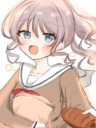 bang_dream! blue_eyes blush bow bowtie bread brown_hair collarbone food holding long_hair long_sleeves looking_at_viewer poepoe_purin015 ponytail red_bow red_bowtie sailor_collar school_uniform shirt simple_background smile solo solo_focus upper_body yamabuki_saya