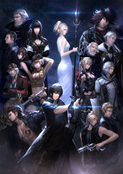 5girls 6+boys abs aranea_highwind ardyn_izunia black_jacket breasts cid_sophiar cidney_aurum cleavage cor_leonis dress final_fantasy final_fantasy_xv gentiana gladiolus_amicitia gun handgun hat highres huge_weapon ignis_scientia iris_amicitia jacket lunafreya_nox_fleuret midriff multiple_boys multiple_girls navel noctis_lucis_caelum polearm prompto_argentum ravus_nox_fleuret reckless_dog regis_lucis_caelum sky sleeveless spiked_hair star_(sky) starry_sky sword tattoo thong trident weapon white_dress