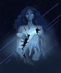 1girl absurdres blue_eyes blue_hair blue_skin colored_skin cracked_skin curtained_hair doll_joints elden_ring extra_arms full_body great_rune_(elden_ring) highres jewelry joints long_hair moon one_eye_closed outstretched_hand parted_bangs ranni_the_witch ring solo star_(sky) tristanbrardart upper_body wavy_hair wedding_ring