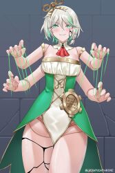 2girls breasts cecilia_immergreen commentary cracked_skin doll_joints dress english_commentary extra_arms gigi_murin green_dress green_eyes green_hair grey_hair highres hololive hololive_english joints medium_breasts multicolored_hair multiple_girls navel seraphim_throne streaked_hair virtual_youtuber winding_key