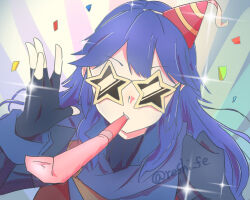 1girl blue_cape blue_gloves blue_hair cape commentary_request confetti fingerless_gloves fire_emblem fire_emblem_awakening gloves hat long_hair long_sleeves looking_at_viewer lucina_(fire_emblem) nintendo party_hat party_horn red_hat reshi_fe solo star-shaped_eyewear star_(symbol) sunglasses twitter_username