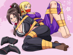 Rule 34 | 2girls, absurdres, alternate breast size, b. jenet, breasts, brown hair, fatal fury, gag, highres, large breasts, lost one zero, lying, multiple girls, peril, ponytail, restrained, shiranui mai, stirrup legwear, toeless legwear, toes