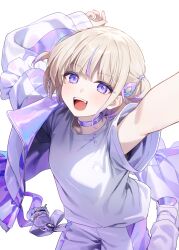 1girl :d absurdres akabino arms_up banpen_(todoroki_hajime) blonde_hair blunt_bangs choker commentary_request highres hololive hololive_dev_is jacket jacket_partially_removed looking_at_viewer multicolored_hair open_mouth outstretched_arm purple_choker purple_eyes purple_hair shirt short_hair shorts simple_background smile solo streaked_hair teeth todoroki_hajime todoroki_hajime_(1st_costume) transparent_background two_side_up upper_teeth_only virtual_youtuber white_jacket white_shirt white_shorts