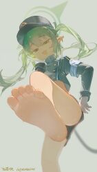 1girl absurdres armband barefoot black_jacket blue_archive blue_armband chinese_commentary commentary demon_girl demon_tail earrings fang feet foot_focus foreshortening from_below green_hair green_halo halo hat highres jacket jewelry loli looking_at_viewer neko_blow nozomi_(blue_archive) open_mouth pointy_ears presenting_foot skin_fang soles solo tail toes twintails yellow_eyes