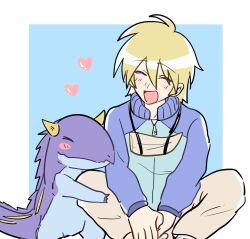Rule 34 | absurdres, ace (dinosaur king), blonde hair, dinosaur king, happy, heart, highres, hug, open mouth, rex owen, smile