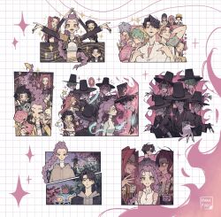 3girls 5boys abby_(kpop_demon_hunters) applying_makeup baby_(kpop_demon_hunters) beckoning black_hair black_hat braid braided_ponytail commentary derpy_(kpop_demon_hunters) english_commentary evil_smile eye_contact full-body_tattoo gat_(hat) gatkkeun grid_background hat highres jinu_(kpop_demon_hunters) kpop_demon_hunters long_hair looking_at_another mira_(kpop_demon_hunters) multiple_boys multiple_girls multiple_views mystery_(kpop_demon_hunter) official_alternate_costume otakupup pot_on_head purple_eyes red_hair romance_(kpop_demon_hunters) rumi_(kpop_demon_hunters) signature smile sparkle sussie_(kpop_demon_hunters) tattoo very_long_hair zoey_(kpop_demon_hunters)