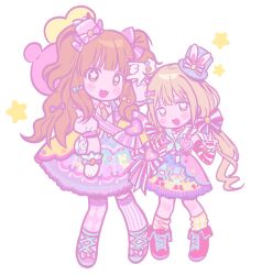 2girls ankle_boots argyle_clothes argyle_thighhighs asymmetrical_legwear betti_(xx_betti) blonde_hair boots bow candy_hair_ornament chibi chibi_only detached_sleeves elbow_gloves fingerless_gloves fold-over_boots food-themed_hair_ornament futaba_anzu gloves hair_bow hair_ornament hairclip hat heart heart-shaped_pupils highres idolmaster idolmaster_cinderella_girls kneehighs long_hair loose_socks low_twintails mini_hat mismatched_legwear moroboshi_kirari multiple_girls multiple_hair_bows necktie open_mouth orange_hair pastel_colors pinstripe_thighhighs puffy_short_sleeves puffy_sleeves sash shirt shoes short_sleeves simple_background smile socks star-shaped_pupils star_(symbol) symbol-shaped_pupils thighhighs twintails two_side_up wavy_hair white_shirt