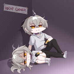 bandaid bandaid_on_head black_gloves black_pants caelus_(honkai:_star_rail) coat collar corner fingerless_gloves gloves grey_hair grey_socks highres honkai:_star_rail honkai_(series) hood hooded_coat lying mihoyo open_clothes open_coat pants shirt sign sitting smoke socks stelle_(honkai:_star_rail) trailblazer_(honkai:_star_rail) two-sided_coat two-sided_fabric vilde_loh_hocen white_shirt yellow_eyes
