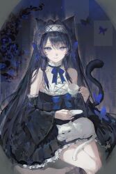 1girl absurdres animal animal_ears bare_shoulders black_hair black_skirt blue_eyes blue_ribbon bug butterfly cat cat_ears cat_girl cat_tail chinese_commentary commentary_request commission cowboy_shot cup detached_sleeves flower hair_between_eyes hairband highres holding holding_cup holding_saucer insect long_hair long_sleeves looking_at_viewer original pleated_skirt ribbon rose saucer shirt sitting skirt smile solo tail very_long_hair white_cat white_hairband white_shirt wide_sleeves yuehe_(maoxian)