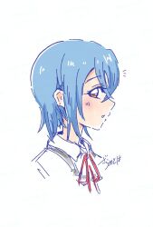 1girl artist_name blue_hair collared_shirt commentary cropped_shoulders crossed_bangs dress_shirt earrings hair_between_eyes jewelry looking_at_viewer love_live! love_live!_superstar!! neck_ribbon notice_lines orange_eyes parted_lips profile red_ribbon ribbon school_uniform shirt short_hair signature simple_background solo stud_earrings symbol-only_commentary wakana_shiki white_background white_shirt yuigaoka_school_uniform zarametoha