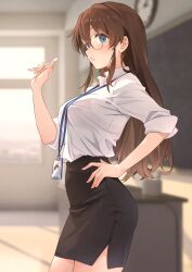 1girl absurdres b1ack_illust black_skirt blue_eyes blush bra breasts brown_hair chalk chalkboard collared_shirt glasses highres holding holding_chalk id_card idolmaster idolmaster_million_live! indoors lanyard large_breasts long_hair looking_at_viewer open_mouth pencil_skirt ponytail satake_minako see-through_clothes see-through_shirt shirt skirt sleeves_rolled_up solo standing teacher underwear white_shirt