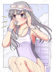 Rule 34 | 1girl, b bi3rd, blowing whistle, breasts, chair, cleavage, collarbone, eyewear on head, grey hair, highres, holding, holding whistle, idolmaster, idolmaster shiny colors, lifeguard, on chair, one-piece swimsuit, purple eyes, sitting, solo, swimsuit, visor cap, whistle, white one-piece swimsuit, yukoku kiriko