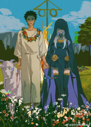 1boy 1girl absurdres animal bags_under_eyes black_dress black_hair black_veil blue_sky chinese_commentary closed_mouth commentary_request day dress field flower flower_field flower_wreath full_body glitch grass highres holding_hands long_hair long_sleeves looking_at_viewer midsommar natsuki_subaru outdoors re:zero_kara_hajimeru_isekai_seikatsu satella_(re:zero) sheep short_hair sky smile span_(shibanyu63868) standing thighhighs tree veil
