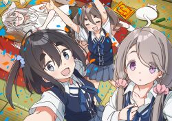 1other 4girls :d absurdres akiyama_haruno amamiya_satsuki_(mono) animal arms_up artist_name bag_of_chips black_hair blue_eyes blue_scrunchie blue_skirt blue_vest blush brown_hair cardigan_vest cat collarbone collared_shirt commentary_request confetti crumbs cucumber eyes_visible_through_hair from_above glasses grey_hair guest_art hair_ornament hair_over_one_eye hair_scrunchie highres indoors kiriyama_an kotatsu kounosu_satori looking_at_viewer low_twintails lying mono_(afro) multiple_girls neck_collar on_table one_side_up open_mouth paint_splatter pink_scrunchie pleated_skirt purple_eyes reaching reaching_towards_viewer round_eyewear school_uniform scrunchie second-party_source selfie shikishima_sakurako shirt skirt smile sweat swept_bangs table taishou_(mono) tatami thick_eyebrows twintails undressing vest wavy_hair white_cat white_shirt