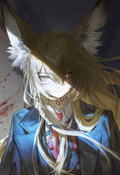 animal_ears arknights blonde_hair blood braid brick_wall chromatic_aberration highres indoors layered_clothes layered_sleeves long_hair necktie quasarcake side_braids spotlight tagme upper_body vulpisfoglia_(arknights)
