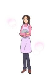 1girl :d apron black_pants blue_eyes brown_hair brown_shoes enomoto_azusa full_body holding holding_tray lens_flare long_hair long_sleeves looking_at_viewer meitantei_conan non-web_source official_art open_mouth pants pink_apron pink_sweater shoes smile solo standing sweater transparent_background tray
