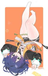 1girl alternate_costume belle_(zenless_zone_zero) blue_hair border commentary flower full_body green_eyes hair_ornament highres letter_hair_ornament long_sleeves orange_background orange_vest solo thigh_strap thighs vest white_border zenless_zone_zero zhishuixy