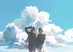 2girls absurdres alien_stage arm_up black-framed_eyewear blue_sky brown_hair chinese_commentary closed_eyes closed_mouth cloud cloudy_sky collar commentary cowboy_shot day dress glasses hand_up highres holding_hands long_hair long_sleeves looking_at_viewer mizi_(alien_stage) multiple_girls open_mouth outdoors pink_hair purple_eyes semi-rimless_eyewear short_hair sijimao sky smile standing sua_(alien_stage) white_collar white_dress