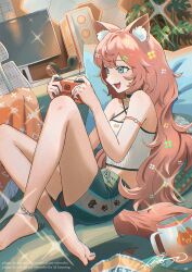 Rule 34 | 1girl, adversarial noise, animal ear fluff, animal ears, anklet, aqua eyes, aqua nails, bag, bag of chips, barefoot, black choker, blanket, breasts, brown hair, cat ears, cat girl, cat tail, chair, choker, chromatic aberration, cleavage, coffee mug, commentary, computer, computer tower, couch, crop top, crossed ankles, cup, desk, double-parted bangs, dutch angle, english commentary, fangs, feet, fingernails, fluffy hair, full body, gaming chair, hair ornament, halterneck, handheld game console, hands up, headphones, highres, holding, holding handheld game console, indoors, jewelry, large breasts, long hair, looking at screen, midriff, monitor, mug, multicolored shorts, nail polish, navel, on couch, open bag, open mouth, original, pillow, plant, playing games, potted plant, print mug, print shorts, reclining, shirt, shorts, signature, smile, solo, sparkle, swivel chair, tail, tongue, tsukimoritsuki, unworn headphones, very long hair, white shirt
