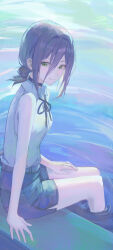 1girl absurdres black_choker black_hair black_ribbon blue_shorts blush chainsaw_man choker closed_mouth green_eyes haimaotuanzi highres long_bangs long_hair looking_at_viewer ponytail reze_(chainsaw_man) ribbon shirt short_ponytail shorts sideocks sitting sleeveless sleeveless_shirt smile soaking_feet very_long_hair white_shirt