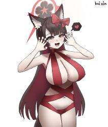 1girl absurdres animal_ears black_hair black_halo blue_archive blush bow breasts claw_pose cleavage collarbone colored_inner_hair fang fox_ears hair_bow halo heart highres kai_xin large_breasts long_hair looking_at_viewer multicolored_hair multicolored_halo naked_ribbon navel open_mouth red_bow red_hair red_halo red_ribbon ribbon skin_fang smile solo thighs two-tone_halo very_long_hair wakamo_(blue_archive) yellow_eyes