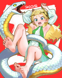 1girl 2025 anastasia_empirial armpits bare_legs barefoot blonde_hair blunt_bangs breasts chinese_zodiac commentary_request constriction detached_sleeves dress elf feet green_dress green_eyes highres nengajou new_year open_mouth original otosama pointy_ears red_background senki_survival_saga_-_isekai_no_unmei_wo_kaketa_mujintou_fujun_iseikouyuu short_eyebrows small_breasts snake soles solo teeth two-tone_dress upper_teeth_only white_dress year_of_the_snake