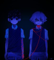 2boys antenna_hair basil_(faraway)_(omori) basil_(omori) black_eyes black_hair blue_theme brown_shorts closed_mouth collared_shirt expressionless highres kokomi_(aniesuakkaman) looking_at_viewer male_focus multiple_boys omori parted_lips shirt short_hair short_sleeves shorts spoilers string string_of_fate sunny_(omori) sweater_vest white_shirt