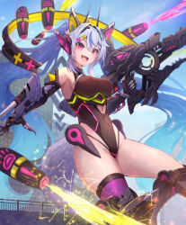 1girl :d animal_ears bare_shoulders black_leotard blue_hair breasts building clothing_cutout commission cutout_above_navel fairy_(vtuber) fake_animal_ears fang gauntlets giant giantess grey_hair gun hair_ornament hairclip headgear highleg highleg_leotard holding holding_gun holding_weapon large_breasts leotard long_hair looking_at_viewer mecha_musume mechanical_ears navel_cutout nerou_vivi open_mouth outdoors pink_eyes rou_senka science_fiction single_thighhigh skeb_commission smile solo star_(symbol) star_hair_ornament tail thighhighs twintails very_long_hair virtual_youtuber weapon wolf_tail