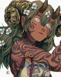 1girl arm_tattoo face_piercing facial_tattoo flower goat_horns green_hair hair_flower hair_ornament horns nose_piercing nose_ring oni_horns original piercing simple_background solo tattoo ttanne upper_body white_background yellow_eyes