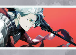 Rule 34 | 1boy, achilles (fate), armor, closed mouth, fate/grand order, fate (series), grey hair, holding, holding pole, letterboxed, looking ahead, male focus, pole, red background, red scarf, scarf, sei 8220, short hair, simple background, solo, upper body, yellow eyes