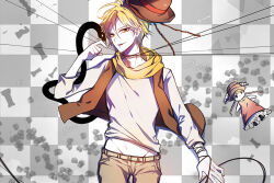 ahoge alicein_mikuni blonde_hair braid chess_piece cowboy_hat doll doubt_doubt doubt_doubt_(snake_form) hat male_focus melde_(geranium_js) midriff orange_eyes orange_pants pants scarf servamp short_hair side_braid snake text_focus yellow_scarf