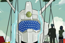 1boy 1girl black_hair blue_hair challia_bull cloud commentary comoli_harcourt crossover densetsu_kyojin_ideon gundam gundam_gquuuuuux ideon mecha military_uniform nishi_koutarou robot scene_reference science_fiction short_hair skirt sky water