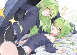 2girls angeldu blanket blue_archive dolphin_shorts fang green_hair highres hikari_(blue_archive) looking_at_viewer lying multiple_girls navel no_bra no_headwear nozomi_(blue_archive) on_back on_bed open_mouth pointy_ears shirt shorts siblings sisters skin_fang stomach tail thighs twins yellow_eyes