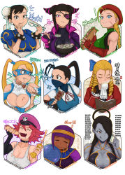 6+girls arabic_text artist_name binary black_hair book bracelet breasts brown_eyes cammy_white capcom chinese_clothes chinese_text chun-li cleavage cleavage_cutout clothing_cutout colored_skin cone_hair_bun crying cup dark-skinned_female dark_skin dated debt domino_mask double_bun drill_hair drooling dumpling eating english_text eyepatch facial_scar female_seth_(street_fighter) fingerless_gloves food food_on_face gloves grey_skin hair_bun han_juri heart_cutout hershuar high_ponytail highres ibuki_(street_fighter) jewelry kanzuki_karin korean_text large_breasts mask medium_breasts menat mouth_mask multiple_girls pink_eyes pink_hair poison_(final_fight) ponytail purple_hair quad_drills rainbow_mika scar scar_on_cheek scar_on_face seth_(street_fighter) soup spiked_bracelet spikes spoon streaming_tears street_fighter street_fighter_v tank_top teacup tears torn_clothes torn_tank_top translation_request twintails watermark web_address white_tank_top