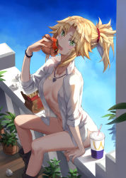 1girl absurdres bag blonde_hair boots braid breasts eating fast_food fate_(series) food french_fries green_eyes highres looking_at_viewer mordred_(fate) naked_shirt navel open_clothes open_mouth open_shirt paper_bag ponytail shirt sidelocks sitting small_breasts spicy tears tonee wcdonald&#039;s