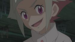 1girl creatures_(company) game_freak grin lyla_(pokemon) multicolored_hair nintendo pokemon pokemon_(anime) pokemon_journeys purple_eyes smile