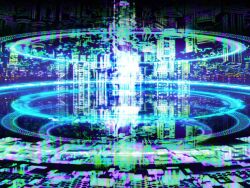 artist_request city game_cg glitch light_particles magia_record:_mahou_shoujo_madoka_magica_gaiden mahou_shoujo_madoka_magica official_art reflective_floor scenery science_fiction sleeveless witch&#039;s_labyrinth