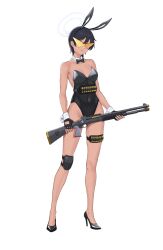 1girl animal_ears benelli_m4 black_footwear black_hair blue_archive blue_eyes bow bowtie breasts bunny_girl_guard_(sr)_(blue_archive) collar dark-skinned_female dark_skin detached_collar fingerless_gloves full_body gloves gun high_heels highres holding holding_weapon kamina_shades leotard looking_at_viewer playboy_bunny rabbit_ears second-party_source seilindekos short_hair shotgun solo tachi-e tinted_eyewear weapon white_collar wrist_cuffs