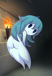 1girl ass blue_hair dark dimples_of_venus female_focus floating from_behind ghost highres loli long_hair looking_at_viewer looking_back monster_girl pestil solo spooky&#039;s_house_of_jump_scares spooky_(shojs) torch