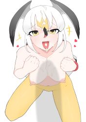 +++ 1girl absurdres black-tailed_gull_(kemono_friends) black_hair blonde_hair blush breasts commentary_request cum cum_in_mouth cum_on_body cum_on_breasts cum_on_tongue cum_on_upper_body facial full_body hair_between_eyes head_wings heart highres illu_(illu_stratos) kemono_friends looking_at_viewer medium_breasts multicolored_hair navel nipples open_mouth pantyhose penis_shadow short_hair simple_background smile solo topless_female white_background white_hair wings yellow_eyes yellow_pantyhose