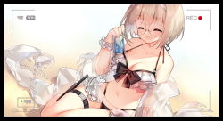1girl :d ^_^ beach bikini bikini_bottom_only black_bikini can closed_eyes facing_viewer female_focus fingernails fringe_trim hair_between_eyes hairband hand_up highleg highleg_bikini holding holding_can layered_bikini light_brown_hair navel open_mouth original recording sand saru scrunchie see-through_clothes shawl short_hair smile solo swimsuit viewfinder white_bikini white_hairband white_scrunchie wrist_scrunchie