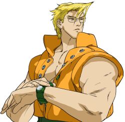 Rule 34 | 1boy, ahoge, bengus, blonde hair, blue eyes, charlie nash, game cg, half-closed eyes, highres, jacket, long hair, looking to the side, male focus, muscular, muscular male, non-web source, official art, open clothes, open jacket, portrait, simple background, sleeveless, solo, squinting, street fighter, street fighter zero (series), thick eyebrows, upper body, watch, white background