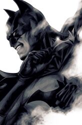 Rule 34 | 1boy, batarang, batman, batman (series), black cape, black gloves, bodysuit, cape, clenched teeth, cowl, dc comics, gloves, grey bodysuit, highres, holding, looking to the side, solo, stanley lau, teeth, textless version, upper body