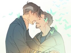 2boys avengers:_infinity_war avengers_(series) black_hair black_jacket blue_butterfly blue_shirt bug butterfly butterfly_wings closed_eyes closed_mouth commentary doctor_strange english_commentary facial_hair grey_hair insect insect_wings jacket kottie long_sleeves male_focus marvel marvel_cinematic_universe multicolored_hair multiple_boys open_clothes open_jacket shirt short_hair simple_background smile standing t-shirt tony_stark two-tone_hair white_background wings yaoi