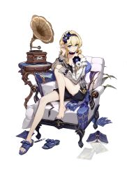 1girl absurdres audrey_(strinova) barefoot blonde_hair blue_eyes feet highres long_hair looking_at_viewer official_art phonograph shoes strinova toes transparent_background unworn_shoes