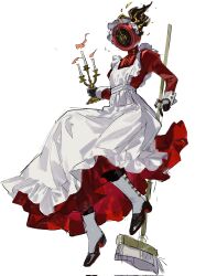 1other apron black_gloves black_shoes broom candlestand clock dante_(limbus_company) dress fire frilled_apron frills gloves highres holding holding_broom holding_candlestand hoyapaint juliet_sleeves limbus_company long_sleeves maid_headdress object_head project_moon puffy_sleeves red_dress shoes simple_background white_apron white_background