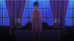 10s 1girl animated animated_gif bathrobe bed blue_hair bouncing_breasts bow bow_panties breasts curtains female_focus glasses indoors kaneko_hiraku large_breasts lying night nipples no_bra on_back open_clothes panties red-framed_eyewear shigure_kasumi short_hair sitting solo underwear valkyrie_drive valkyrie_drive_-mermaid- white_panties window