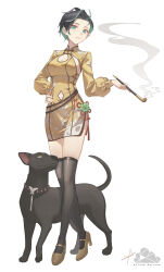 1girl aqua_hair black_dog black_hair black_thighhighs breasts brown_shoes character_request china_dress chinese_clothes cleavage_cutout closed_mouth clothing_cutout cloud_horizon colored_inner_hair commentary_request dog dress full_body hand_on_own_hip holding holding_smoking_pipe looking_at_viewer medium_breasts multicolored_hair shengkai167 shoes short_hair simple_background smoking_pipe solo stomach_cutout thighhighs virtual_youtuber white_background yellow_dress