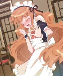 1girl apron black_dress black_ribbon black_wrist_cuffs blush bow chii_(chi_pppuri) clenched_hand closed_eyes colored_eyelashes commentary copyright_notice cowboy_shot dress embarrassed frilled_apron frilled_cuffs frills hair_ribbon hands_up highres himitsu_no_aipri indoors long_hair maid maid_apron maid_headdress open_mouth orange_hair pretty_series red_bow ribbon shinomiya_rinrin short_sleeves solo symbol-only_commentary watermark wavy_hair white_apron wrist_cuffs